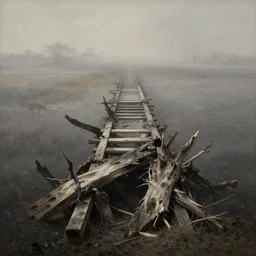 rotting bridge disappearing into infinite haze field, encircling terrestrial realms, renaissance chiaroscuro painting