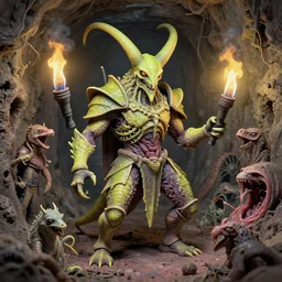 airbrush macro baphomet orcus hybrid, full bodied shot, random animal | viscera as god |, carapace armor, claustrophobically crowded into a deep in sewer system, chris foss, enric torres, wayne d barlowe, geof darrow, alberto bontempi, feng zu hyper realism, torch light, muted horror of puce lime colors,
