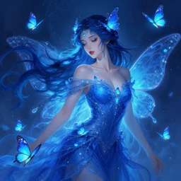 beautiful faery sorceress, glowing blue butterflies, flowing blue air, digital paint brush, in the style of artgerm, illustration, epic, fantasy, intricate, hyper detailed, artstation, concept art, smooth, sharp focus, vibrant, indi creates