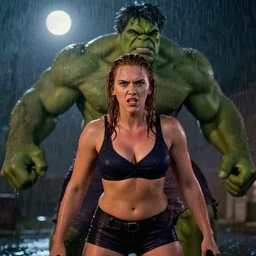 angry muscular scarlett johansson as the incredible hulk soaking wet in the rain, moon lighting, 1 9 7 0 s film set,