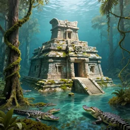 a sunken aztec temple in the florida everglades, partly underwater, moss, vines, alligators, foreboding, creepy, in the style of a historical illustration, pencil art, detailed, intricate