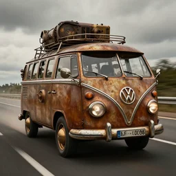 ultra realistic steampunk volkswagen bus, dramatic lighting, driving on autobahn, alexander mcqueen