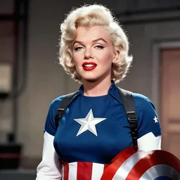 Modern color photograph of Marilyn Monroe as Captain America, photorealistic