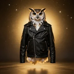front of owl wearing black biker jacket, portrait photo, full body, backlit, studio photo, golden ratio, starry background, black jacket
