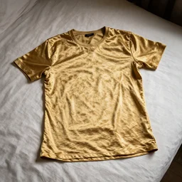 a gold shirt resting on a bed