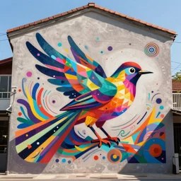 A beautiful street art of a large, colorful bird with a long, sweeping tail. The bird is surrounded by swirling lines and geometric shapes in a variety of colors axonometric by Miho Hirano opulent, mournful