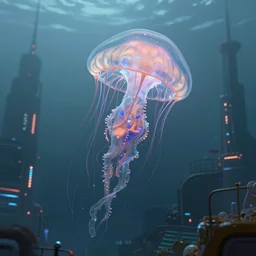 Hyperdetailed digital painting of a big beautiful fractal::2 cyberpunk glowing hyperdetailed jellyfish in hyperdetailed beautiful ocean cyberpunk city in the ocean by greg rutkowsky misty cinematic foggy 8k wonderful detailed scene