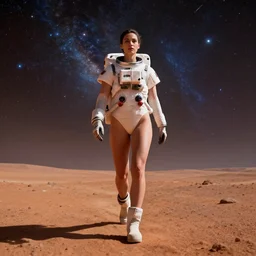 a wide angle shot from below of a female astronaut with an athletic feminine body walking with swagger towards camera on mars in an infinite universe, synthwave digital art