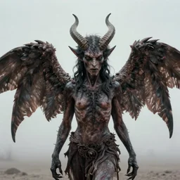 Photo taken in the 2000's of a demon with four horns and four wings, photorealistic, film still, desolate, terrifying, weird, strange, odd, uncanny, hyper realism, highly detailed, photorealism, smooth gradients, high contrast, photorealistic
