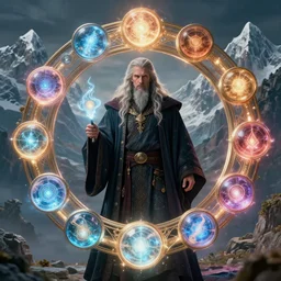 Portrait of a powerful wizard surrounded by a circular array of glowing elemental magic orbs, the wizard is standing in front a scenic landscape of snowcapped mountains, intricate details, photo realistic, award winning, dramatic lighting, intricate details, award winning, depth of field, UHD 8K. Rendered with autodesk arnold unreal engine octane render Lumion Blender Maxwell.