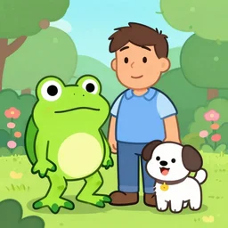 greg and wirt, greg's pet frog, and a happy dog, over the garden wall cartoon network,