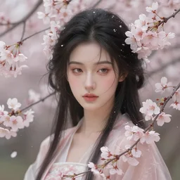 portrait of a female spirit with cherry blossoms all around her, digital painting, highly detailed, concept art, trending on artstation, epic composition, wlop, rossdraws, sharp focus, flawless render, masterpiece