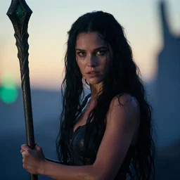 epic photo of young jessica biel as beautiful d & d sorceress with very long black hair, battle scene, holding her wizard staff, sweaty, neutral expression, perfect likeness, rim light glow, low contrast, soft light, low light, blue hue, shallow depth of field, photorealistic, cinematic lighting, lovely bokeh, warm colours, hazy sunset, movie quality, green glow from the left, excalibur 1 9 8 5, movie still, cinemascope