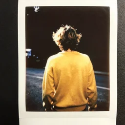 instax polaroid film photo of a young man with messy medium length light brown hair and a yellow sweater walking away from the camera, zoomed out, warm, nostalgia, faded glow, expired film analog photography, grainy texturized dusty, saturated colorized
