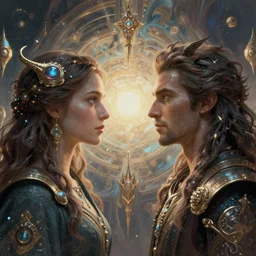 a portrait of a man and a woman, fantasy character portrait!!, facing each other!!!!!!!!!!!! ultra realistic, wide angle, the fifth element artifacts, highly detailed, artwork by peter mohrbacher, boris vallejo, craig mullins