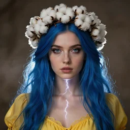 bavovna goddess, blue hair, yellow dress, crown of white! cotton!!!! flowers, beautiful symmetrical face!!!, cinematic lightning, rim light, murky dusty deep smoky eyes, ross tran, greg rutkowski