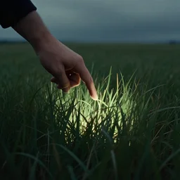 a finger points at a blade of grass in a meadow, photo, filmic, atmospheric, portentous, meaningful, roger deakins