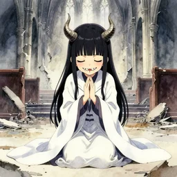 cute japanese girl with small horns, sharp and pointy vampire teeth, dressed in an old white coat, praying on the floor of a destroyed church, with her eyes and mouth closed and an evil smile, full body, detailed watercolor artwork by Yoji Shinkawa