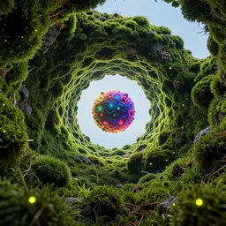 looping wormhole, quantum physics cell, nucleus, high moss inside hollow earth jewelry mine full colored, fireflies, clean sky, hight contrast, void, 8 k resolution, unreal engine 5, hyper - detailed, perspective view, 2 4 mm lens, by beeple, justin gerard