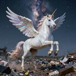 a iridescent unicorn with wings dancing in a garbage dump, the sky has the milky way, ultra realistic, concept art, intricate details, highly detailed, photorealistic, octane render, 8 k, style of jean baptiste monge