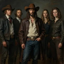 a symmetrical matte portrait of cowboy jesus. jaunty bearing. cinematic atmospheric lighting, painted, intricate, ultra - portrait of the innermost soul by dave dorman hieronymus bosch, cyril rolando, esher and natalie shau, whimsical, profound, impossible. trending on devaintart. dark, brooding,