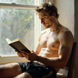 michael fassbender reading a book by the window, bright sunlight shines on his shirtless oil covered skin,!!! he is wearing shorts!!!, painting by gaston bussiere, craig mullins