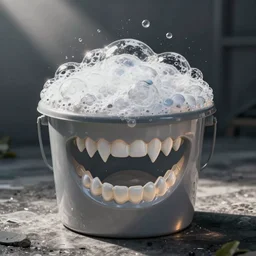 “mop bucket filled with bubbles shaped like a big scary sharp teeth mouth, hd photograph”