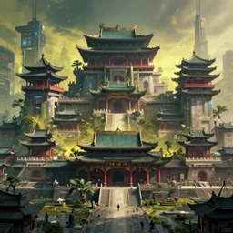 cyberpunk architecture group fusion ancient chinese palace, cyberpunk 2 0 7 7 style, by greg rutkowski and thomas kinkade, trending on artstation, epic movie shot