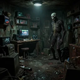 detailed photo of a backroom invoking a feeling of dread and despair, decay, liminal spaces, vhs film, h. p. lovecraft, h. r. giger, scp, zalgo, the ring movie, s. t. a. l. k. e. r. game, sinister, horror, greg rutkowski, detailed, realistic, bokeh, 8 k