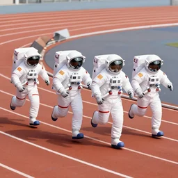 4 astronauts in space suit running in a track meet