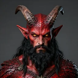 dnd portrait of a tiefling, male, red scales, a big black beard, completely golden eyes, 2 long curved horns growing out of his forehead,