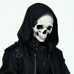 futuristic cyberpunk traveler skull wearing black hood looking down by Yoji Shinkawa