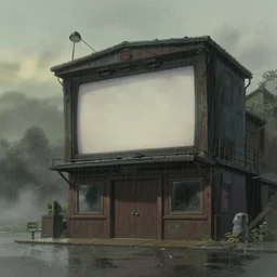 an old cinema, foggy rainy day, matte painting, studio ghibli, artstation