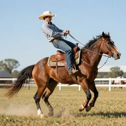 photo realistic cowboy doing a crazy trick while riding a horse