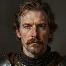 Portrait of a middle aged Knight with a moustache, male, detailed face, fantasy, highly detailed, cinematic lighting, digital art painting by greg rutkowski
