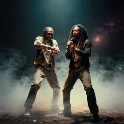a dramatic photograph of snoop dog jamming with bob marley in an infinite universe of mystical light, ground haze, dramatic lighting, filmic, cinematographic, sci - fi
