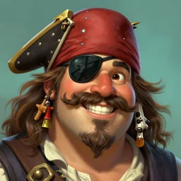 sea of thieves style vibrant face portrait of an obese chubby friendly smiling pirate with eyepatch and with a big bushy mustache moustache, highly detailed, shoulders up, digital painting, artstation, concept art, sharp focus, illustration, art by artgerm and greg rutkowski and alphonse mucha