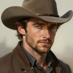 hugh jackman as a cowboy, handsome, romance novel cover, face, intricate, dreamy, elegant, digital painting, artstation, smooth, sharp focus, art by artgerm and greg rutkowski and and annie leibovitz
