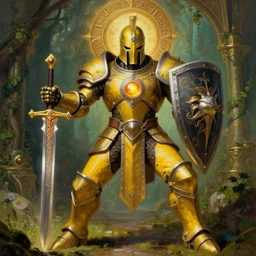 full body, attack position Victor Nizovtzev and John Salminen painting in lush fantasy environment of a ornate holy mechanical warforged with circular glowing eye, character in yellow armor holding a legendary paladin engraved holy great longsword and carrying a huge heavy paladin shield, vertically flat head, face in focus, epic , trending on ArtStation, masterpiece,  cinematic lighting