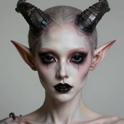 a creepy portrait, horror devil, professionally retouched, soft lighting, realistic, pointed elf ears, horns, jet black alien eyes, wide angle, sharp focus on the eyes, 8 k high definition, insanely detailed, intricate, elegant, beautiful, horros, creepy, art by artgerm and wlop