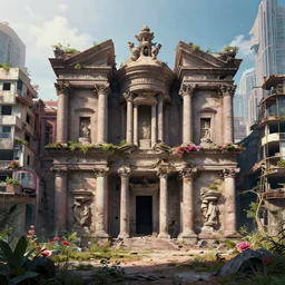 a beautiful very detailed render of treasury building abandoned city nature unfinished building architecture urbex by cesar pelli, bladerunner 2 0 4 9 vice city futuristic tundra nature universe vaporwave flowers, archdaily, wallpaper, highly detailed, trending on artstation.