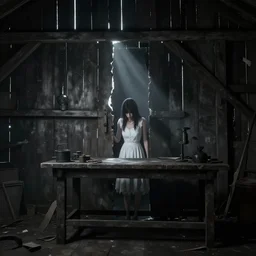 style : sekiro. composition : medium shot. style : digital art ; detailed ; dreamlike ; 4 k. scenery : the inside of a dark barn ; a faint ray of light is shining through a crack in the planks. subject : a young woman ; dark hair ; wearing a white dress. action : the woman is hiding behind a workbench.