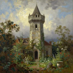 Painting of the abandoned wizard\'s tower in the overgrown garden. Unknown Hudson River School artist.