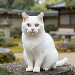 white cat by midoro yamada background ancient japanese garden, animal portrait