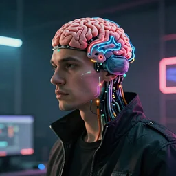 cyberpunk man with a brain computer interface, hyperrealistic, colorful, 8k, award winning photo