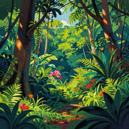 surreal glimpse, malaysia jungle, sunny day, very coherent and colorful high contrast pastel art by gediminas pranckevicius james gilleard james gurney floralpunk screen printing woodblock, dark shadows, hard lighting, stippling dots, art nouveau