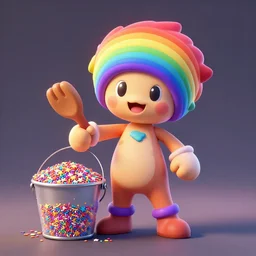 rainbow brite with a full bucket of star sprinkles, digital render, octane 8 k, trending on artstation, ultra - detailed impressive warrior