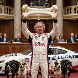 vfx movie nascar driver covered in corporate sponsor logos holding up bone for pack of dogs in the u. s. senate. by emmanuel lubezki