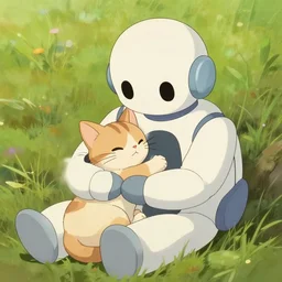 a robot cuddling kittens, by studio ghibli