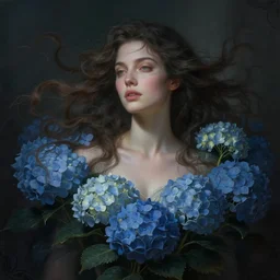 hydrangea queen goddess dreaming!!!, windy floating hair!!, atmospheric moody, dark surreal, seductive beauty! cinematic volumetric lights, bust portrait, dnd, fantasy, intricate, elegant, highly detailed, digital painting, artstation, concept art, smooth, sharp focus, illustration, art by artgerm and tom bagshaw and greg rutkowski and alphonse mucha